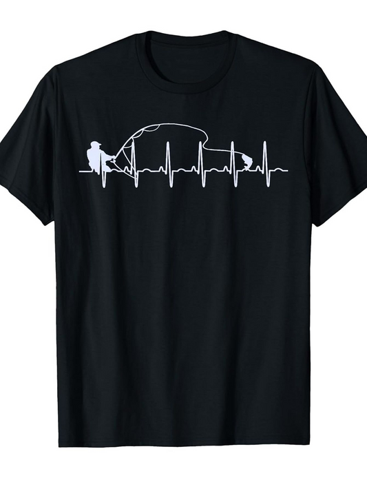 Men's Graphic T-Shirt Heartbeat Line With Fishing Rod River And Relaxed Fisherman