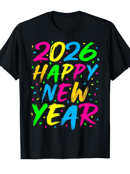 Men's Graphic T-Shirt 2026 Happy New Year Multicolor Festive Paint Splatter Bold Lettering T Shirt