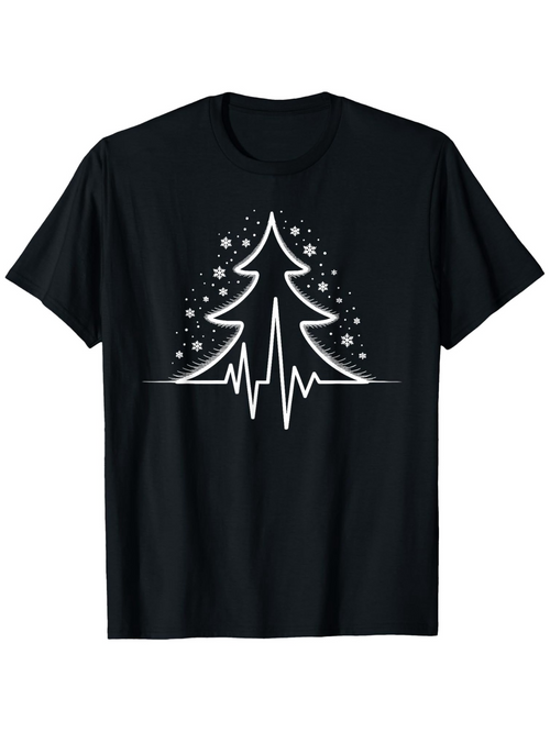 Men's Graphic T-Shirt Heartbeat Line Under Sparkling Snowy Christmas Tree