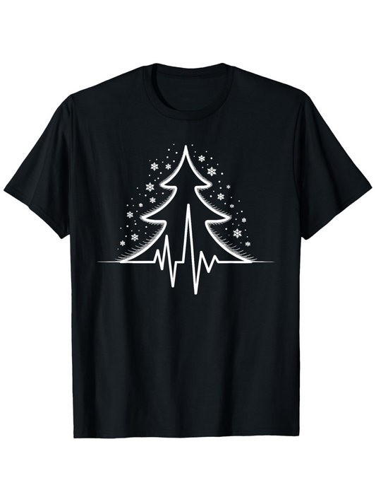 Men's Graphic T-Shirt Heartbeat Line Under Sparkling Snowy Christmas Tree