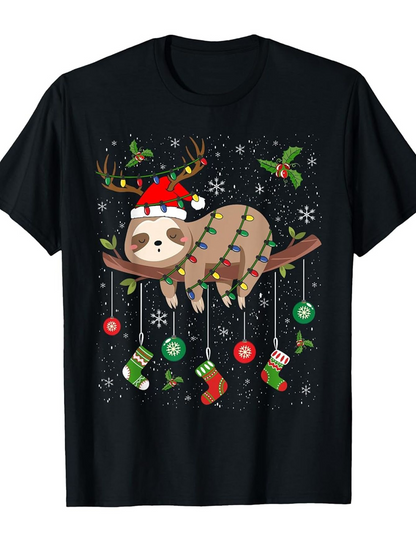 Men's Graphic T-Shirt Festive Lights Snowfall With Antler Hat Sloth And Hanging Ornaments Sloth
