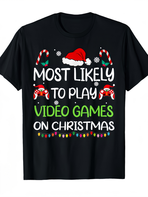Men's Graphic T-Shirt Most Likely To Play Video Games On Christmas With Santa Hat And Candy Cane Decoration