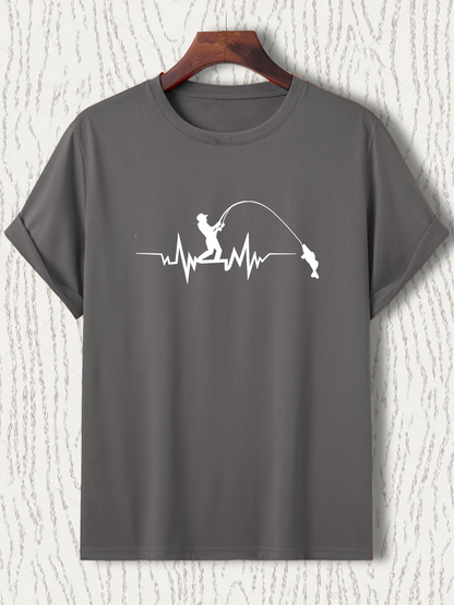 Men's Graphic T-Shirt Heartbeat Line With Fisherman And Leaping River Fish