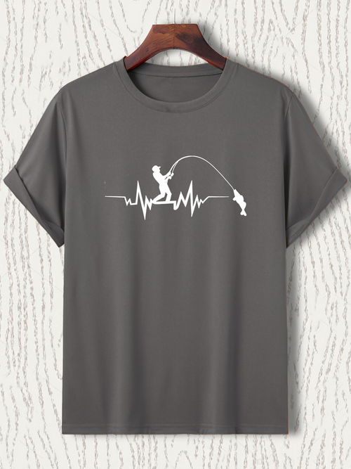 Men's Graphic T-Shirt Heartbeat Line With Fisherman And Leaping River Fish
