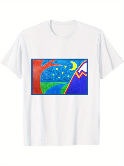 Men's Graphic T-Shirt Vivid Night Sky With Crescent Moon Above Snowy Mountain