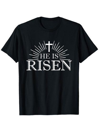 Men's Graphic T-Shirt He Is Risen With Radiant Sunburst Behind Prominent Christian Cross