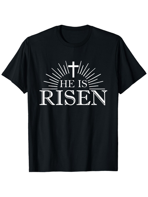 Men's Graphic T-Shirt He Is Risen With Radiant Sunburst Behind Prominent Christian Cross