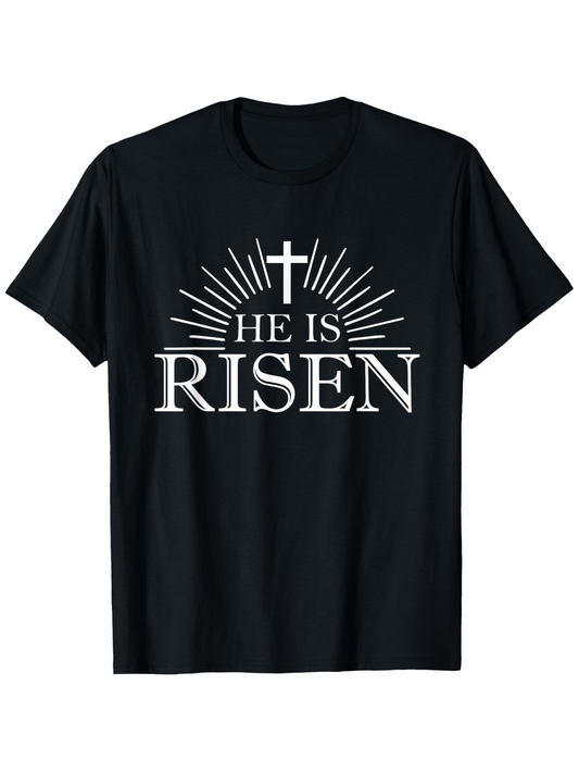 Men's Graphic T-Shirt He Is Risen With Radiant Sunburst Behind Prominent Christian Cross