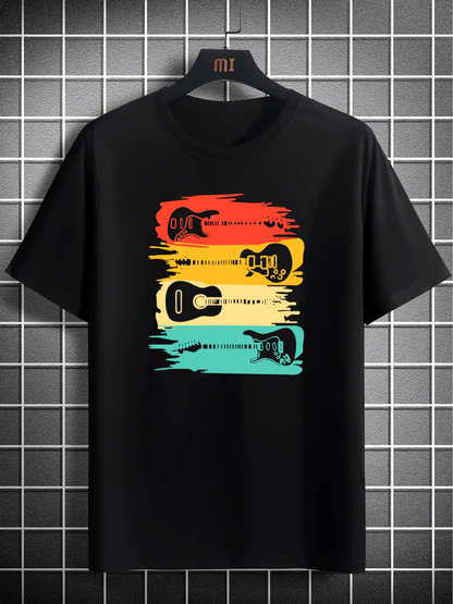 Men's Graphic T-Shirt Retro Colorful Brush Strokes With Three Acoustic Guitars Design