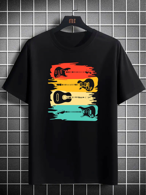 Men's Graphic T-Shirt Retro Colorful Brush Strokes With Three Acoustic Guitars Design