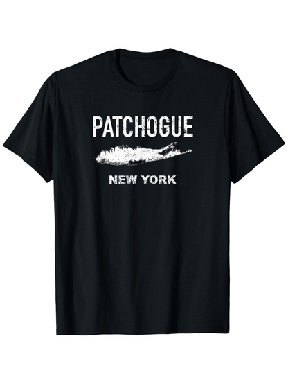 Men's Graphic T-Shirt Patchogue New York With White Brushstroke Over Black T Shirt