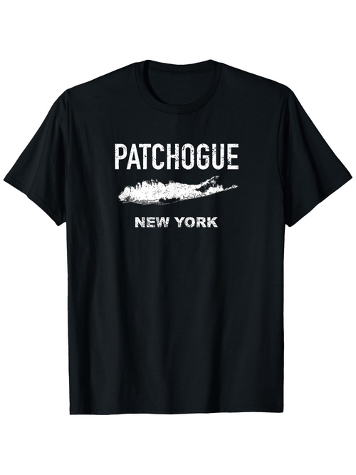 Men's Graphic T-Shirt Patchogue New York With White Brushstroke Over Black T Shirt