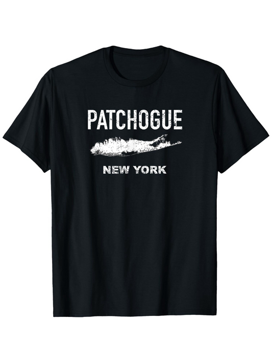 Men's Graphic T-Shirt Patchogue New York With White Brushstroke Over Black T Shirt