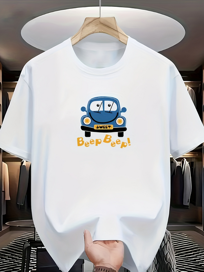 Men's Graphic T-Shirt Beep Beep Cartoon Blue Car Under Yellow Letters Car