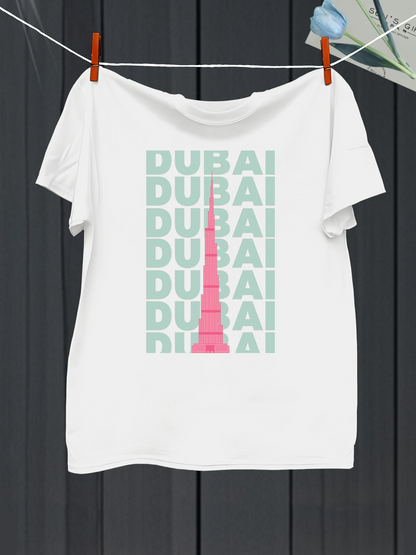 Men's Graphic T-Shirt Dubai Skyline In Pink Graphic Tower Under Repeated City Name Dubai