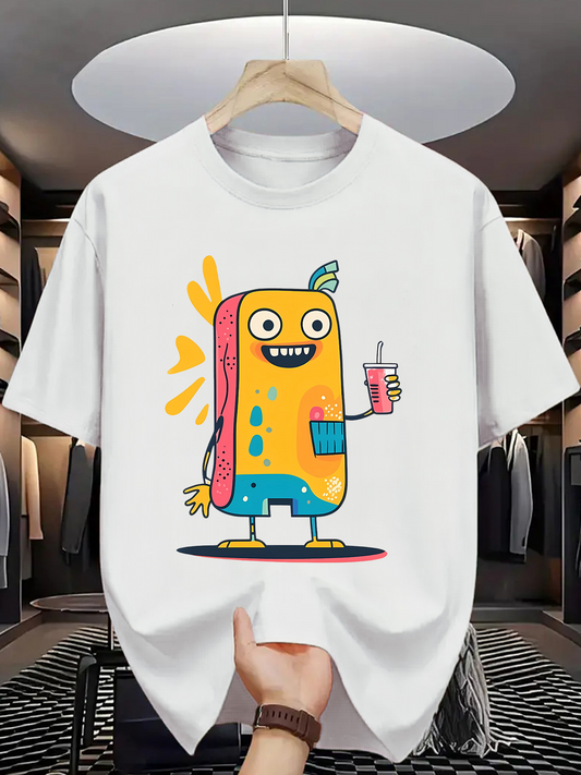 Men's Graphic T-Shirt Colorful Cartoon Snack Character With Playful Smile Holding A Drink