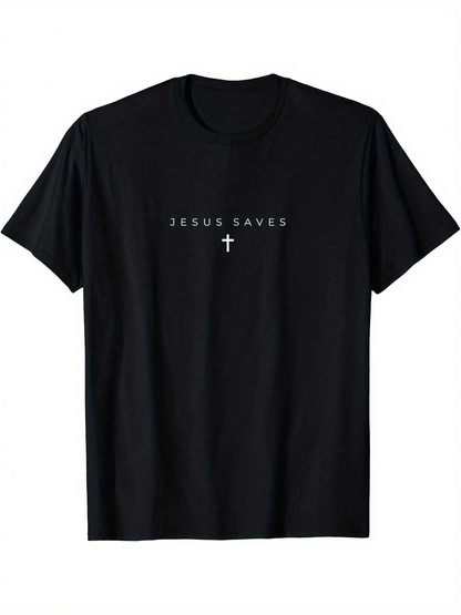 Men's Graphic T-Shirt Jesus Saves Simple Statement With White Cross Under Text