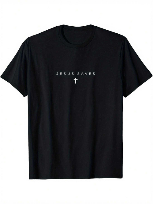 Men's Graphic T-Shirt Jesus Saves Simple Statement With White Cross Under Text