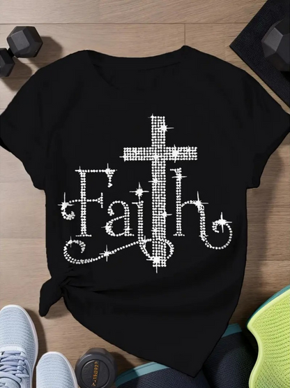 Men's Graphic T-Shirt Faith Cross Pattern With Shining Crystal Effects And Elegant Script Lettering