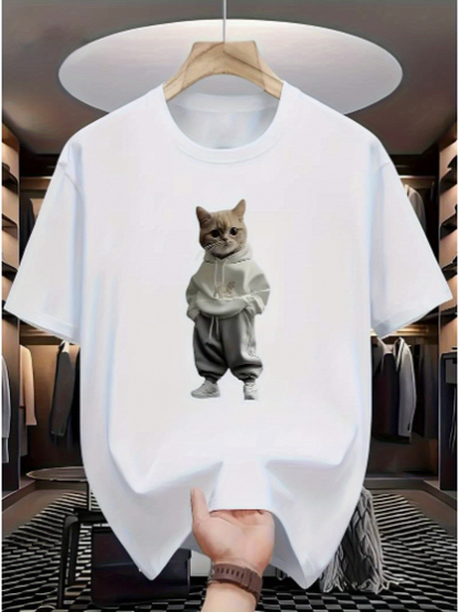 Men's Graphic T-Shirt Chilled Urban Streetwear Look With Grey Hoodie Cat