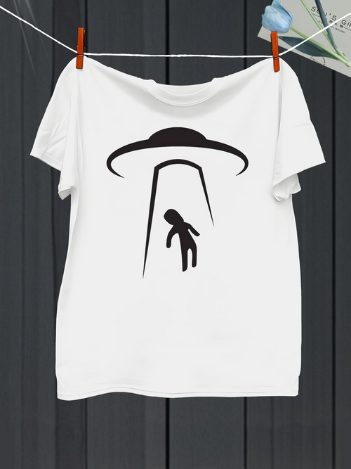 Men's Graphic T-Shirt Minimalist Abduction Silhouette Under Mysterious Light Alien Spaceship