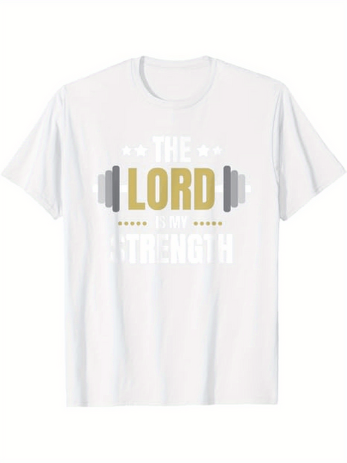 Men's Graphic T-Shirt The Lord Giving Inner Strength With Athletic Barbell Weights White T Shirt