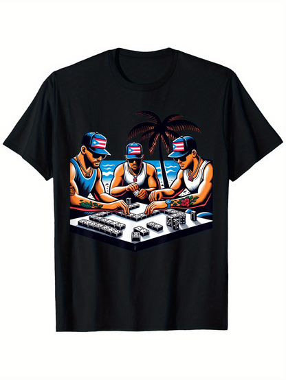 Men's Graphic T-Shirt Late Night Tropical Beach Gambling Scene With Three Men Playing Cards
