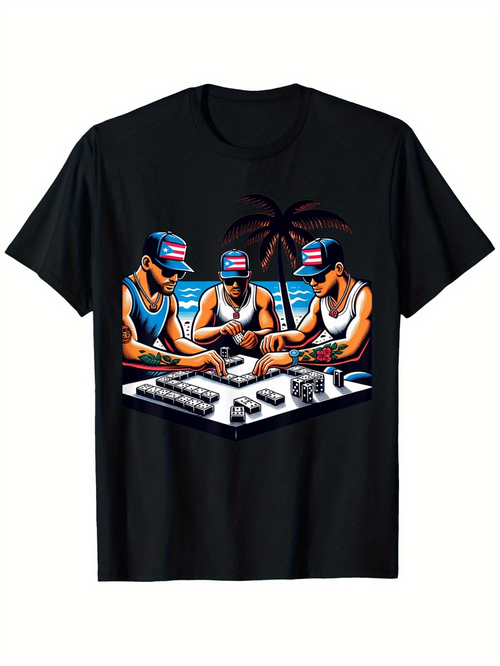 Men's Graphic T-Shirt Late Night Tropical Beach Gambling Scene With Three Men Playing Cards