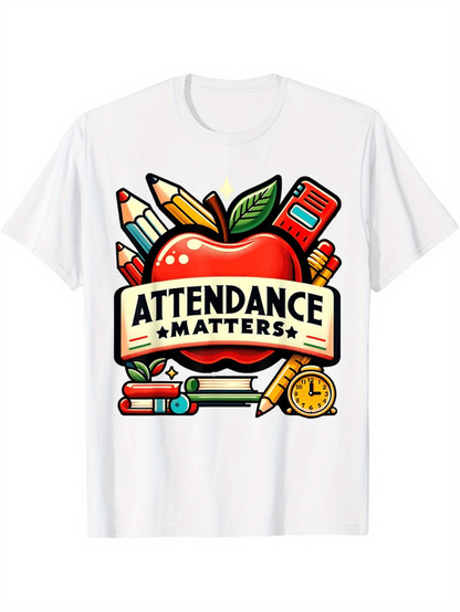 Men's Graphic T-Shirt Attendance Matters With Colorful School Supplies Surrounding A Shiny Red Apple
