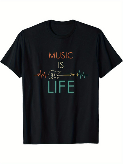 Men's Graphic T-Shirt Music Is Life Colorful Sound Waves With Guitar Outline