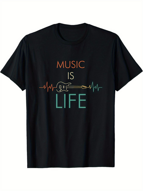Men's Graphic T-Shirt Music Is Life Colorful Sound Waves With Guitar Outline