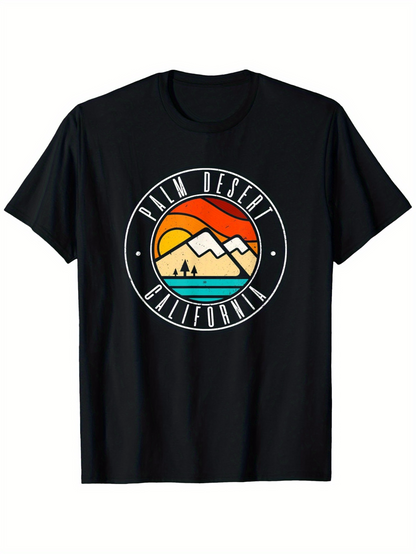 Men's Graphic T-Shirt Palm Desert California Vibrant Sunset Mountains Over Waves And Palm Trees