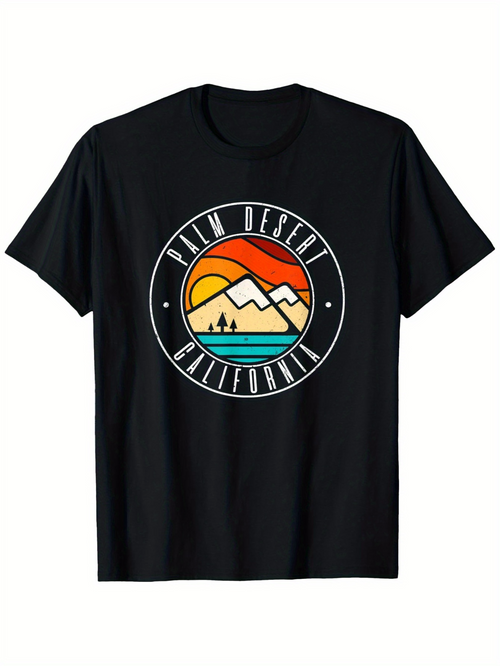 Men's Graphic T-Shirt Palm Desert California Vibrant Sunset Mountains Over Waves And Palm Trees