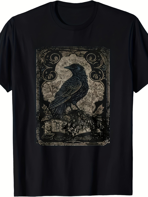Men's Graphic T-Shirt Vintage Ornate Border With Mysterious Dark Perched Raven Illustration