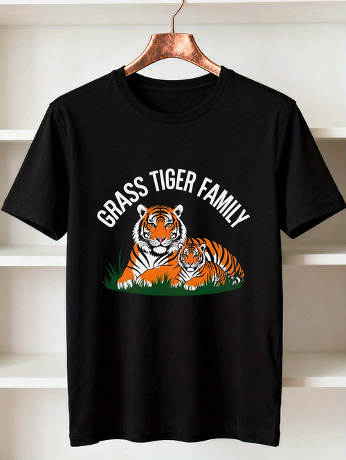 Men's Graphic T-Shirt Grass Tiger Family Relaxing On Vibrant Green Grass Majestic Wild Tiger