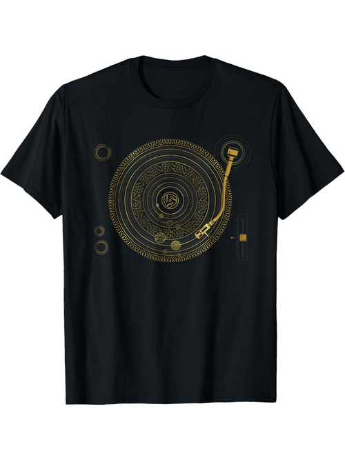 Men's Graphic T-Shirt Minimalist Lines With Gold Circular Elements Retro Turntable