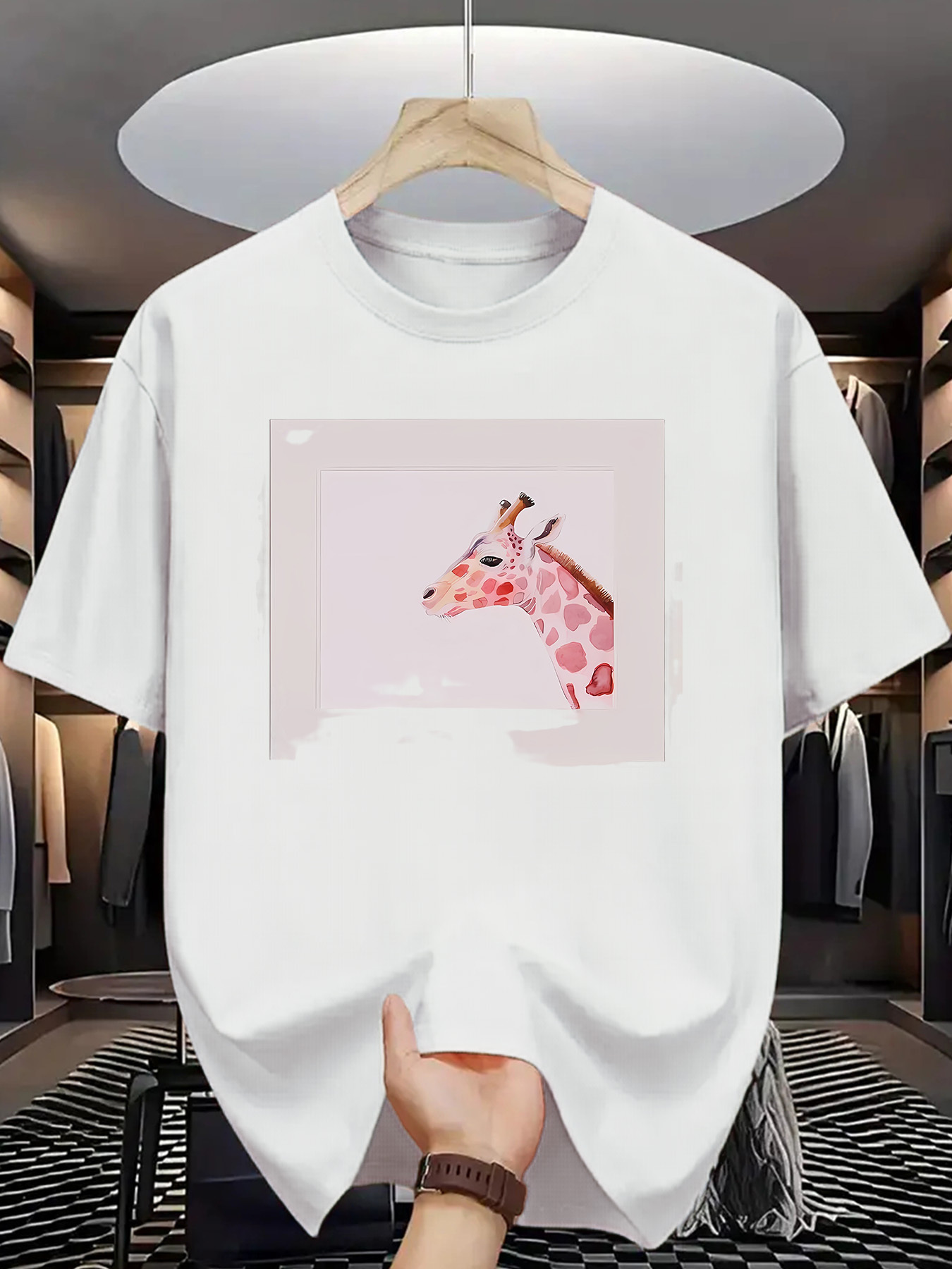 Men's Graphic T-Shirt Pastel Tones With Soft Pink Spots On Gentle Giraffe Illustration