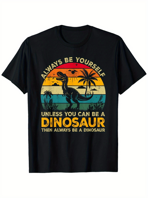 Men's Graphic T-Shirt Always Be Yourself Sunset And Palm Trees With Roaring Dinosaur