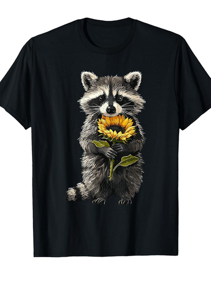 Men's Graphic T-Shirt Fluffy Fur With Sunflower Held By Gentle Standing Raccoon