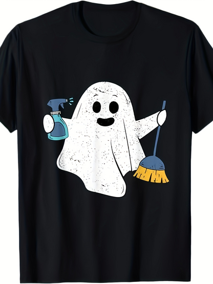 Men's Graphic T-Shirt Playful Cartoon Ghost Holding Broom And Spray Cleaner