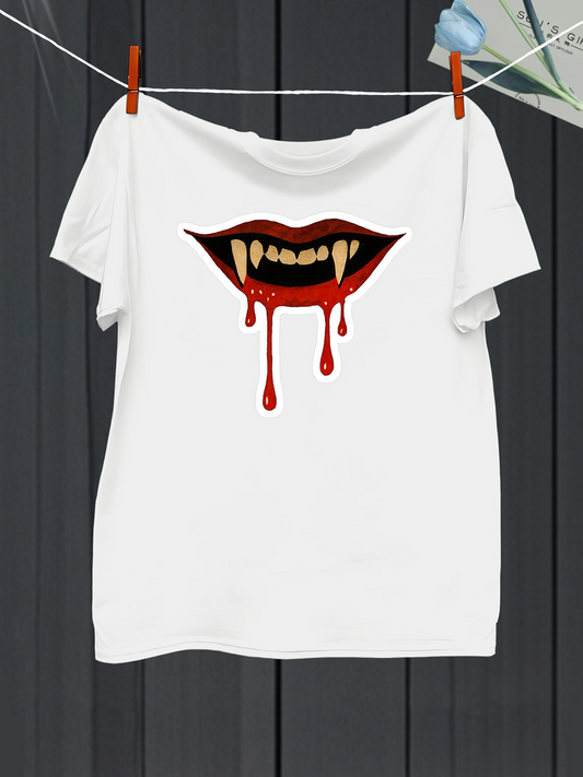 Men's Graphic T-Shirt Bloody Vampire Fangs Dripping Blood With Fierce Glistening Lips Design