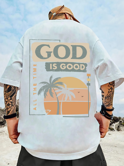 Men's Graphic T-Shirt God Is Good Tropical Sunset With Palm Trees And Orange Horizon