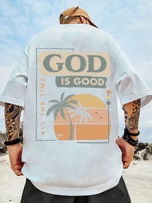 Men's Graphic T-Shirt God Is Good Tropical Sunset With Palm Trees And Orange Horizon
