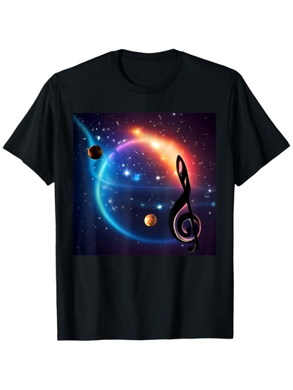 Men's Graphic T-Shirt Colorful Outer Space Planets With Swirling Nebula Surrounding Musical Note