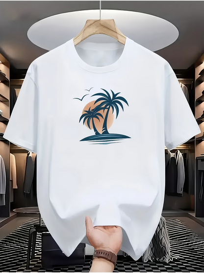 Men's Graphic T-Shirt Golden Sunset With Palm Trees Over Serene Ocean Island