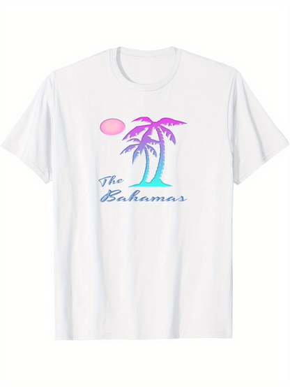 Men's Graphic T-Shirt The Bahamas Pink Sun With Blue And Purple Palm Tree
