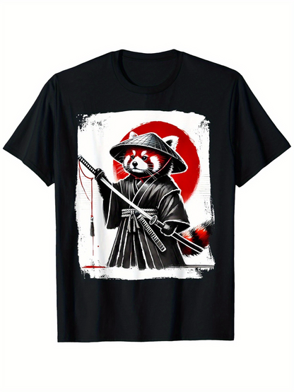 Men's Graphic T-Shirt Samurai Warrior With Red Sun Behind A Determined Red Panda