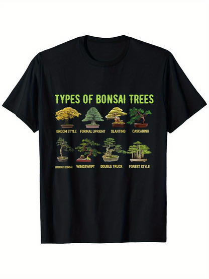 Men's Graphic T-Shirt Types Of Bonsai Trees With Diagram Illustrations On Black Tee