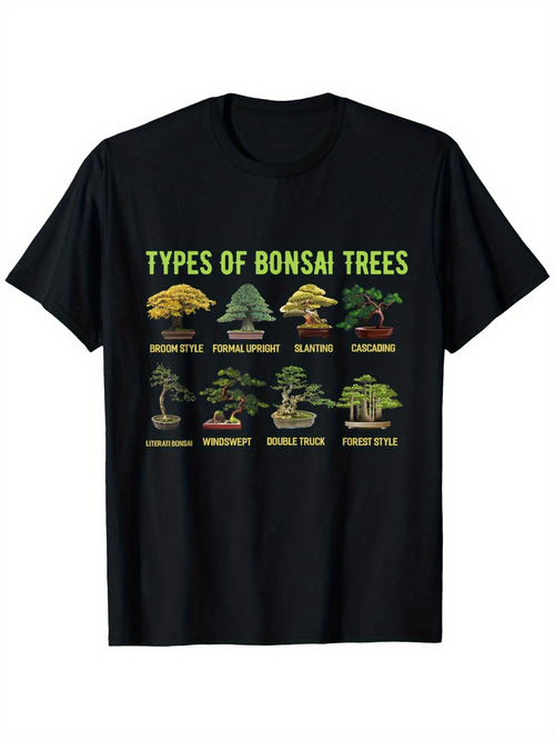 Men's Graphic T-Shirt Types Of Bonsai Trees With Diagram Illustrations On Black Tee