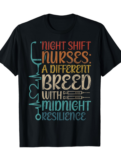 Men's Graphic T-Shirt Night Shift Nurses Midnight Resilience With Medical Tools And Colorful Typography
